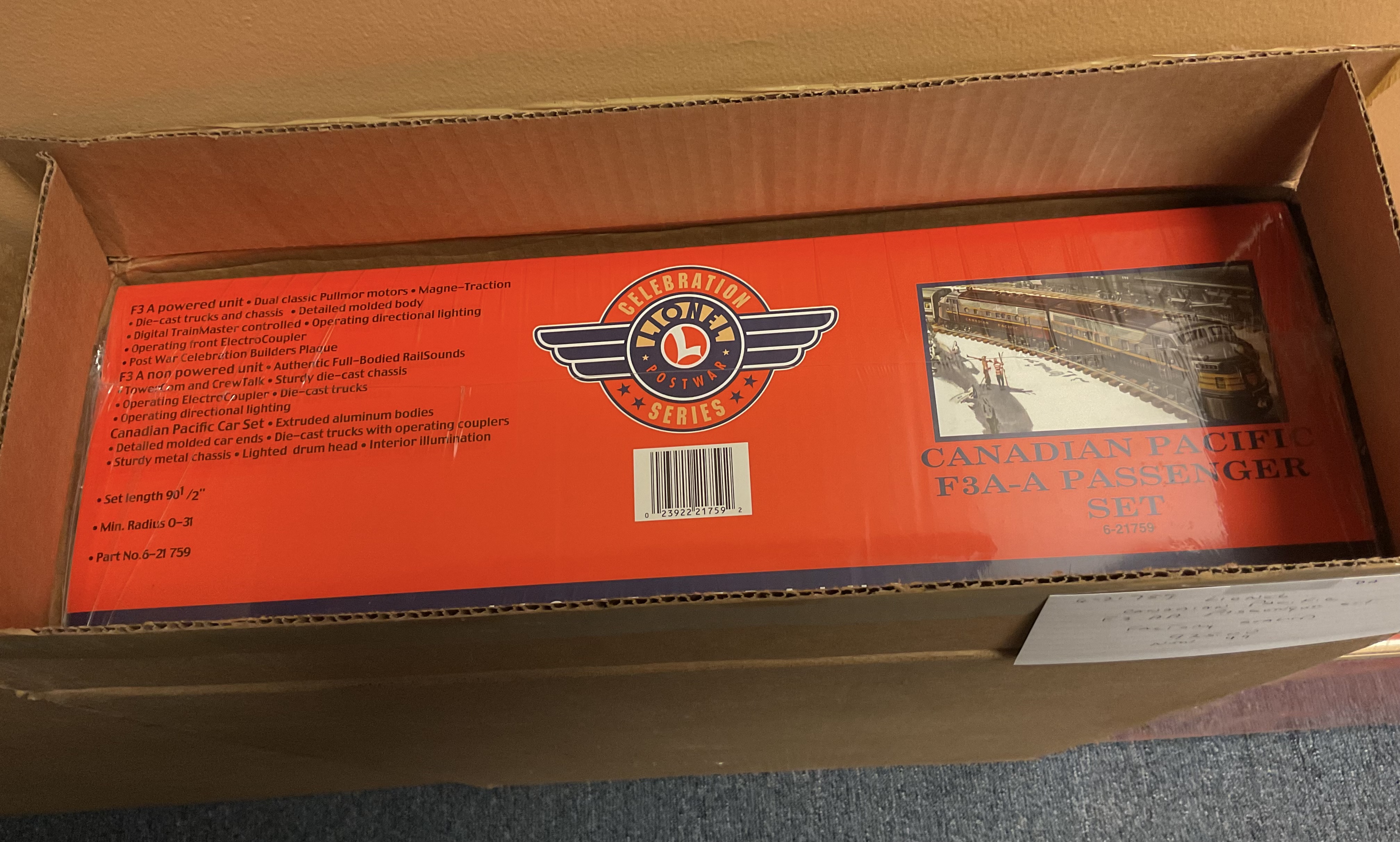 Lionel 6-21759 O-Scale Canadian Pacific F3 AA Passenger Set, New Old Stock Sealed in Factory Box in Original Shipping Box 