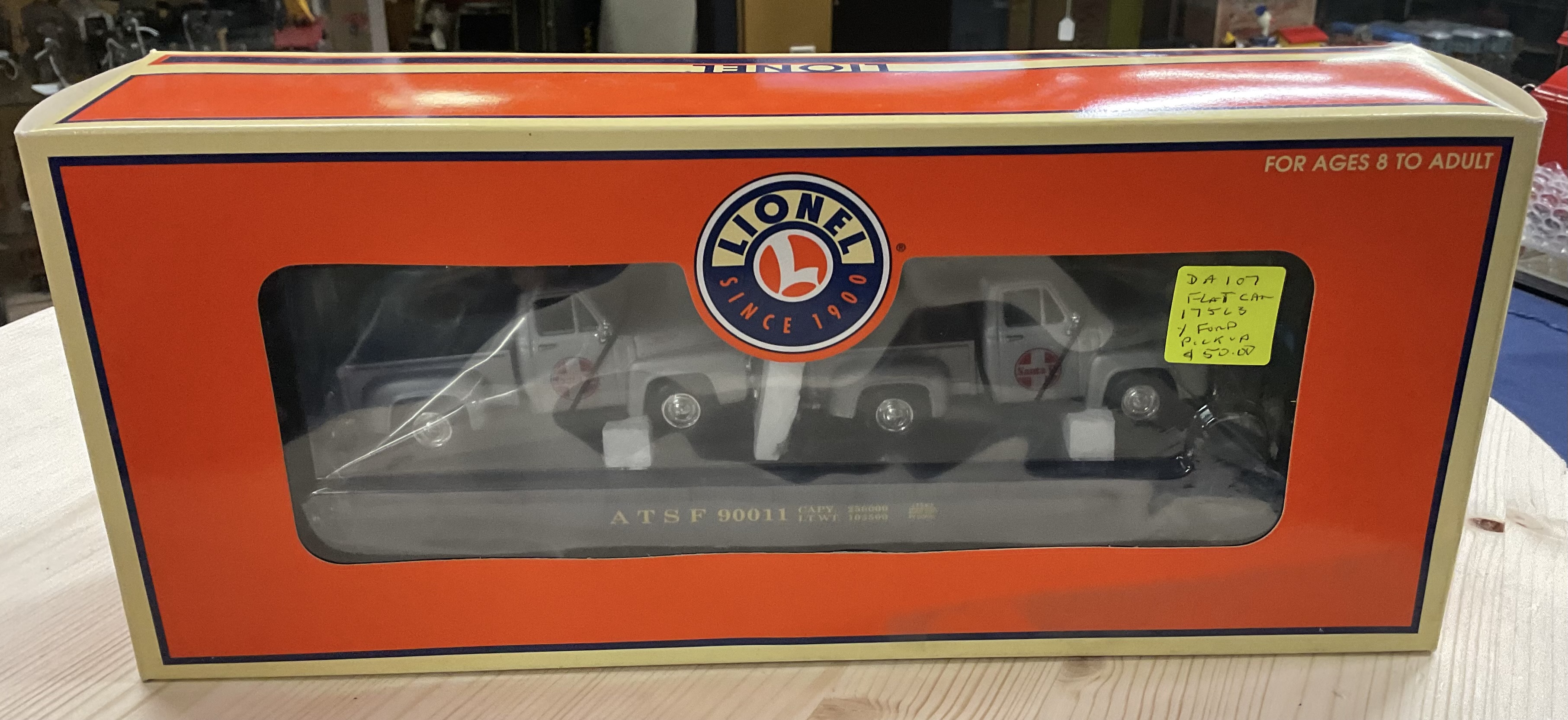 NOS (New Old Stock) Lionel 6-17563 O-Scale Flat Car with 2 Santa Fe Ford Pick-ups with Original Box