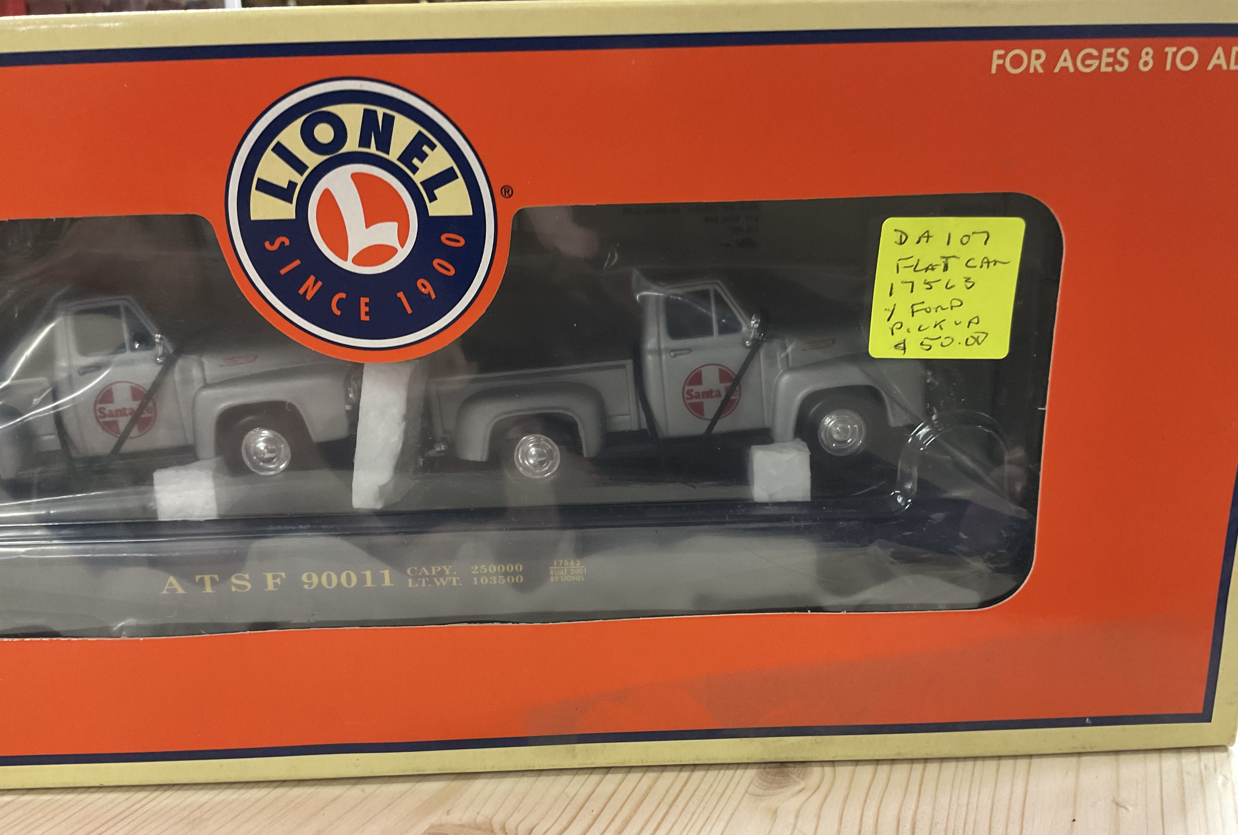 NOS (New Old Stock) Lionel 6-17563 O-Scale Flat Car with 2 Santa Fe Ford Pick-ups with Original Box