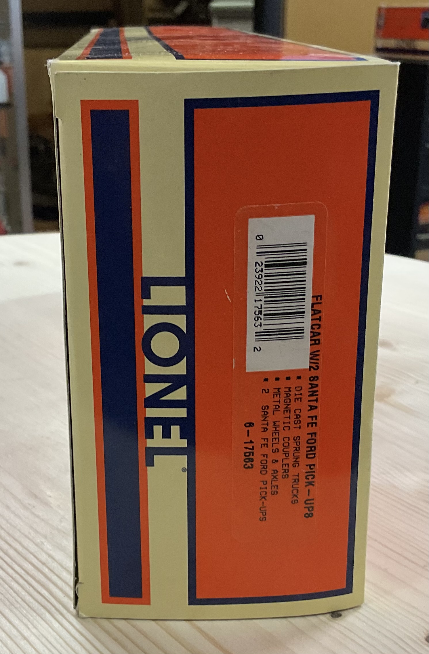 NOS (New Old Stock) Lionel 6-17563 O-Scale Flat Car with 2 Santa Fe Ford Pick-ups with Original Box