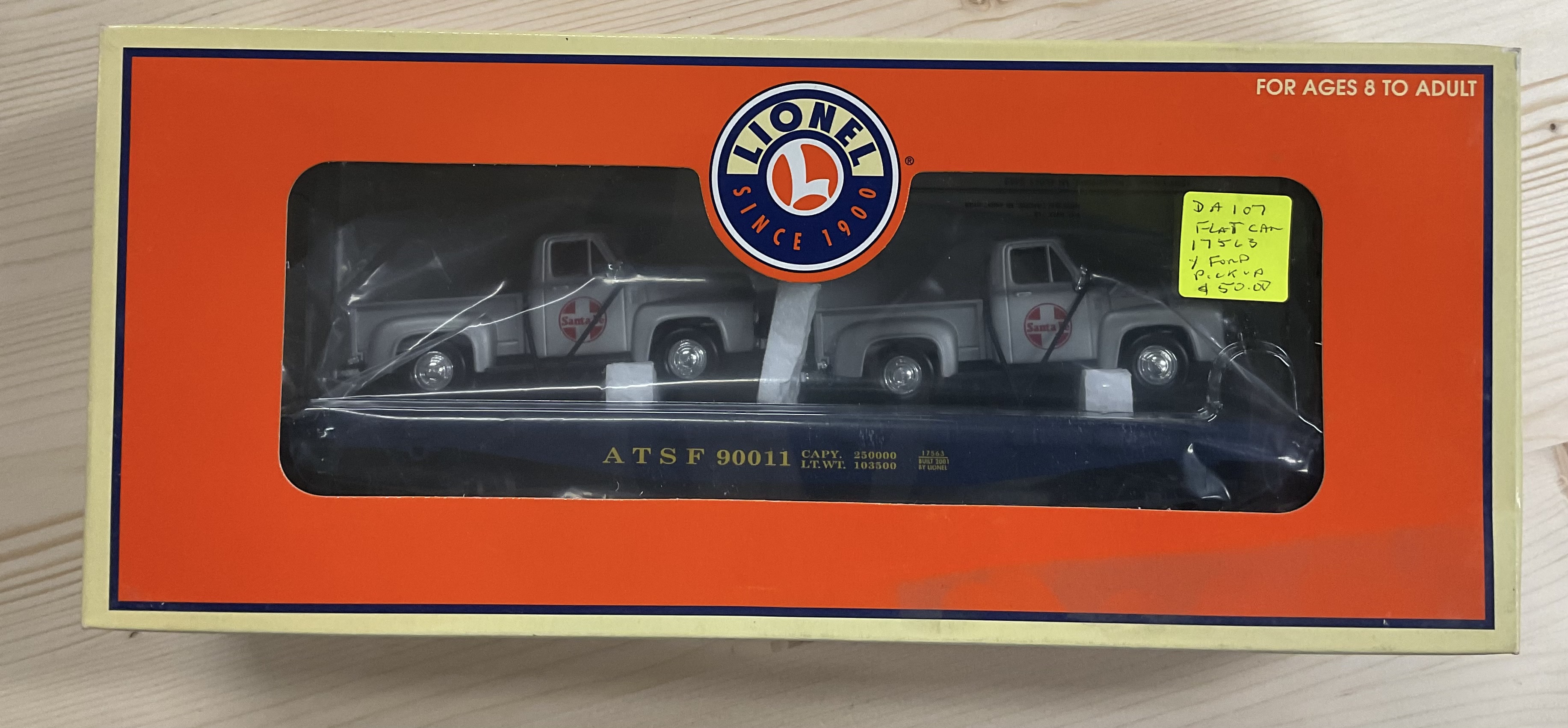 NOS (New Old Stock) Lionel 6-17563 O-Scale Flat Car with 2 Santa Fe Ford Pick-ups with Original Box