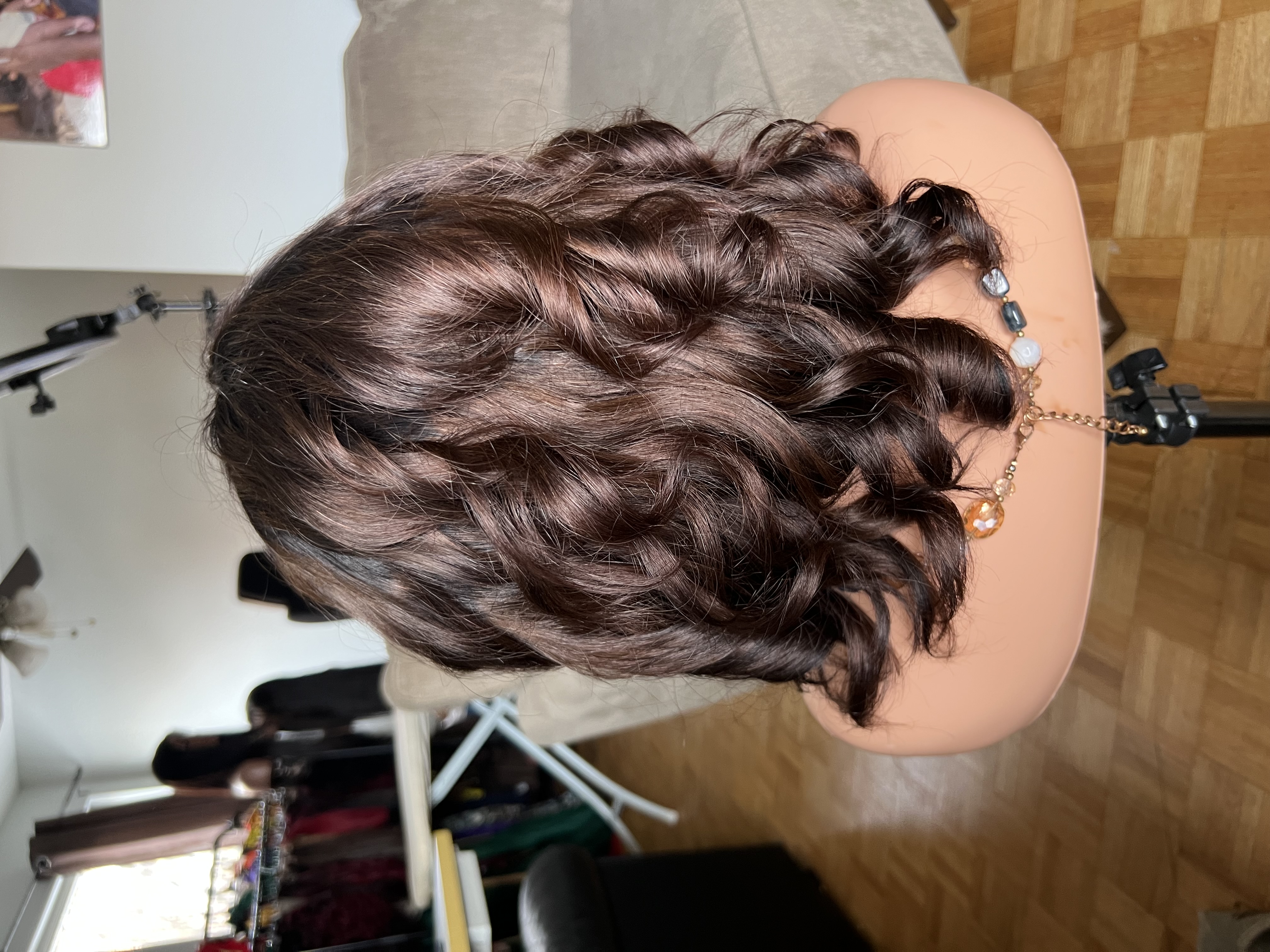 Brown curled wig
