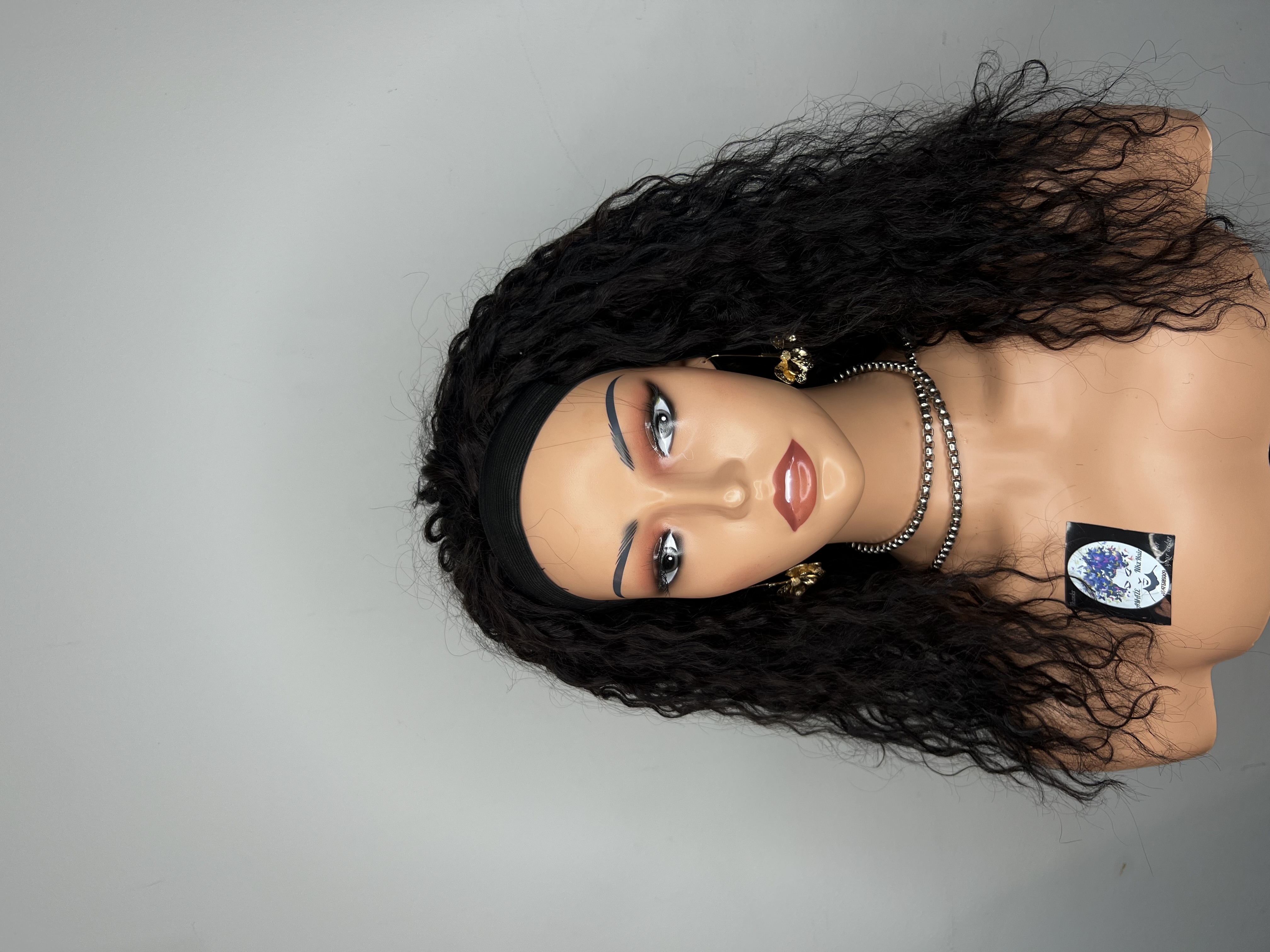 Curly Black Wig with Headband