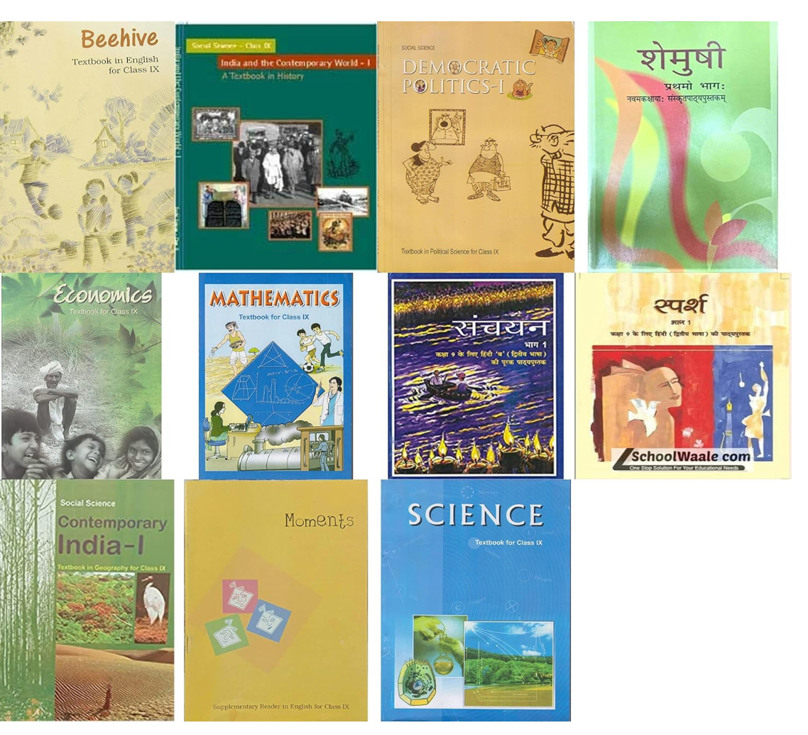 NCERT , CLASS - 9 SET OF 11 BOOKS ( MATHEMATICS , SCIENCE , HISTORY , GEOGRAPHY , POLITICAL , ECONOMICS , SPARSH , SANCHAYAN , BEEHIVE , MOMENT , SHEMUSHI ) 2022 EDITION