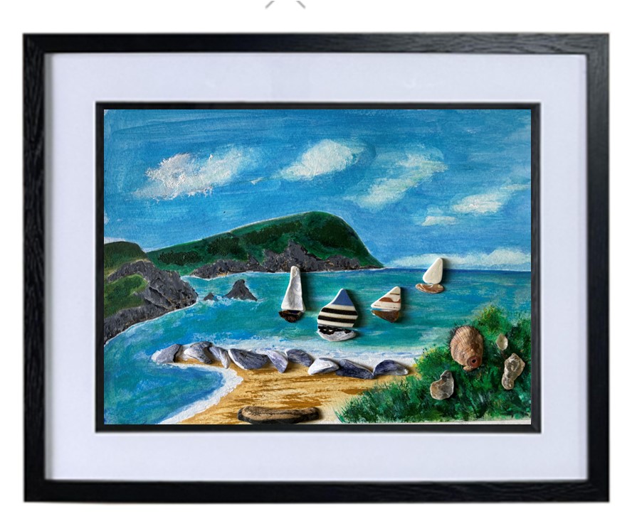 Framed print of the original mixed media acrylic & sea crockery yacht race