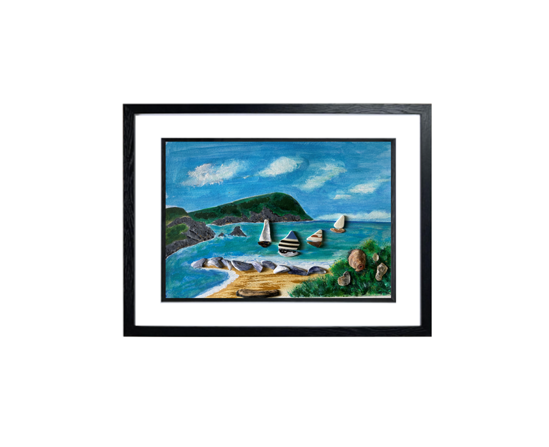 Framed print of the original mixed media acrylic & sea crockery yacht race 16" x 12"