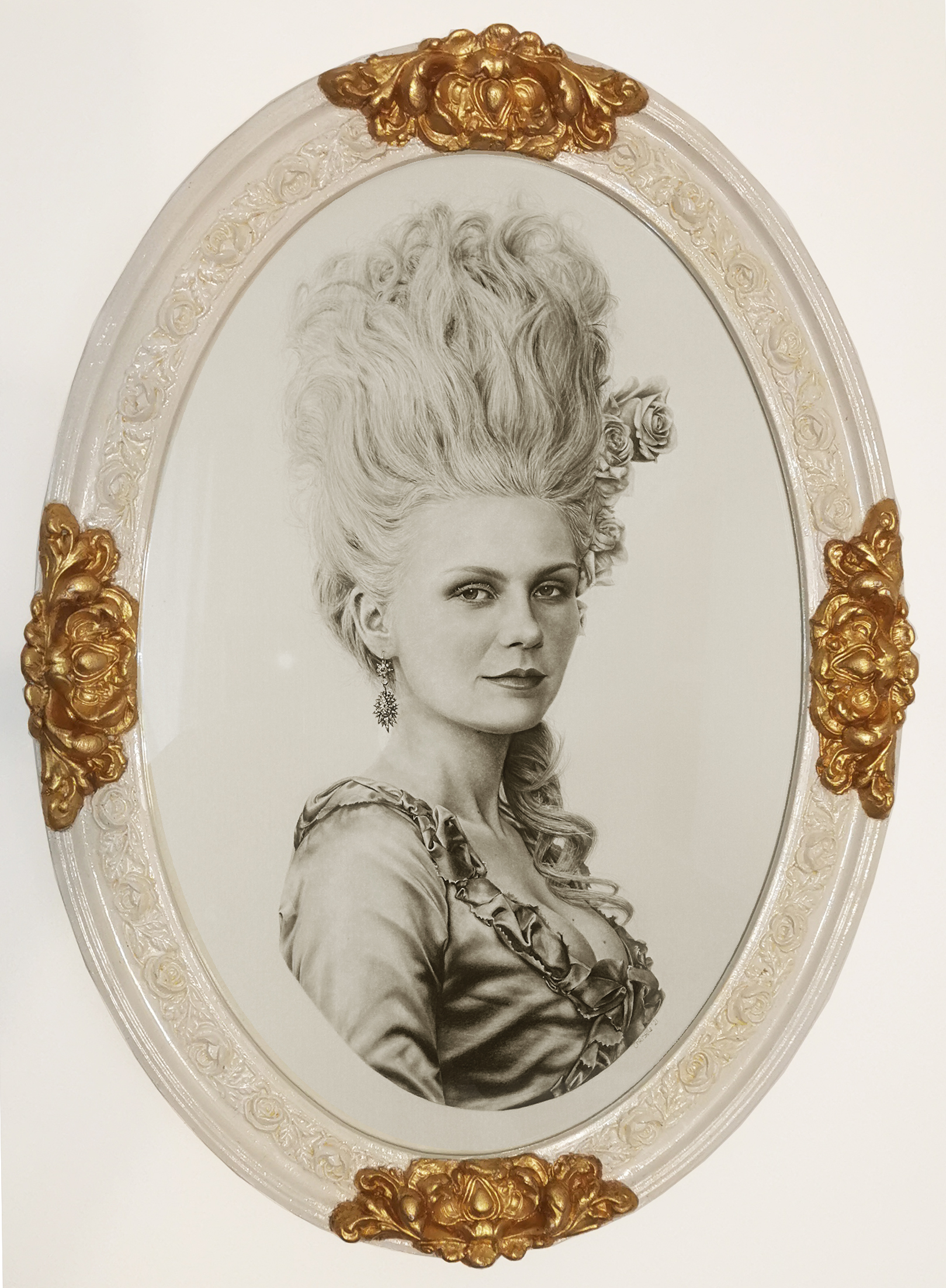FRAMED Original pencil drawing of Kirsten Dunst as Marie Antoinette - Rococo frame
