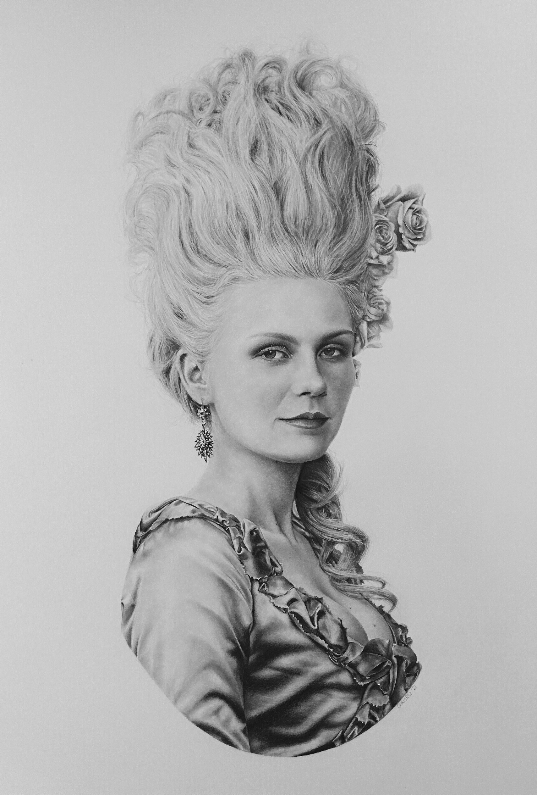 FRAMED Original pencil drawing of Kirsten Dunst as Marie Antoinette - Rococo frame
