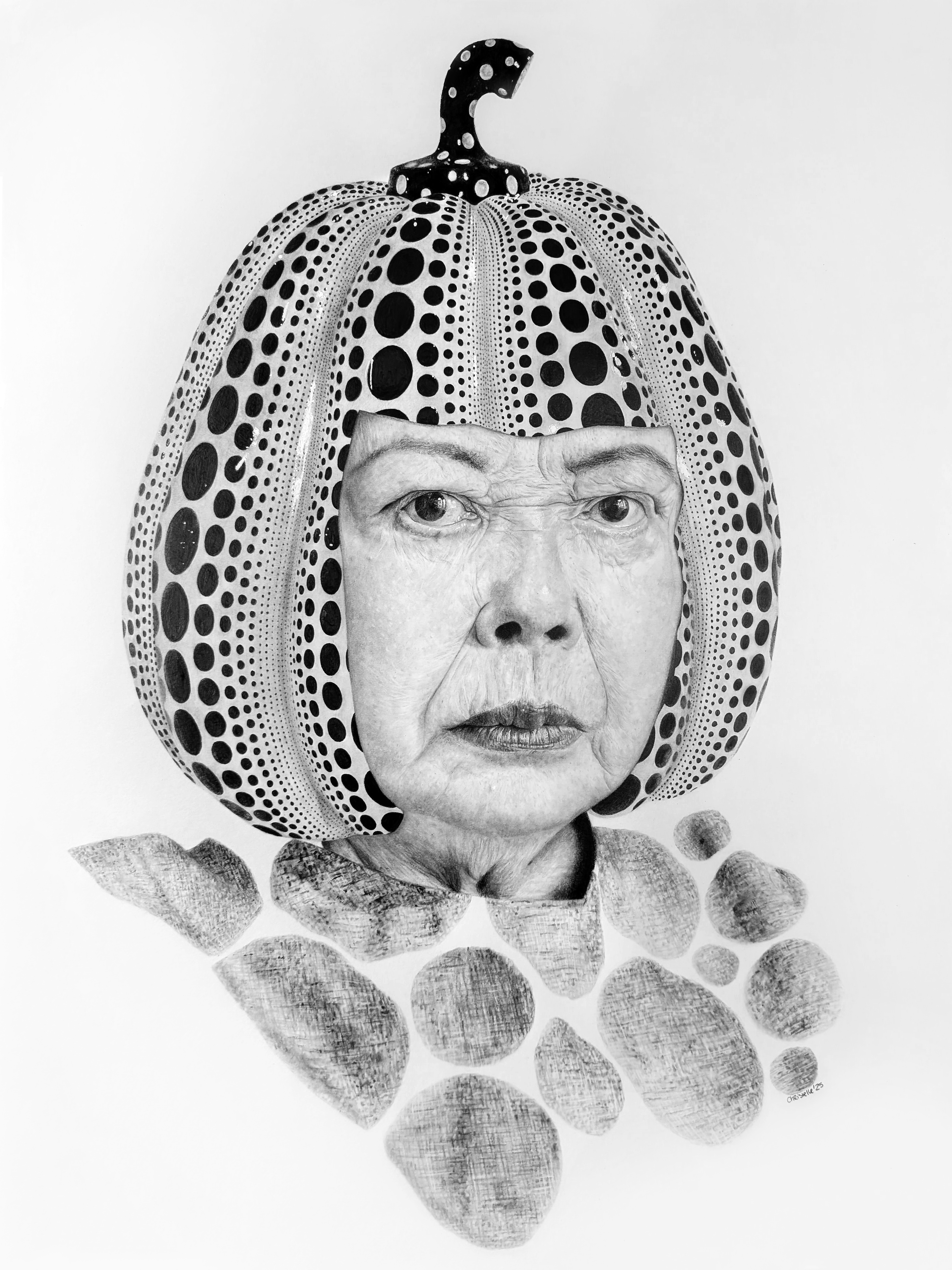 Original pencil drawing of Yayoi Kusama