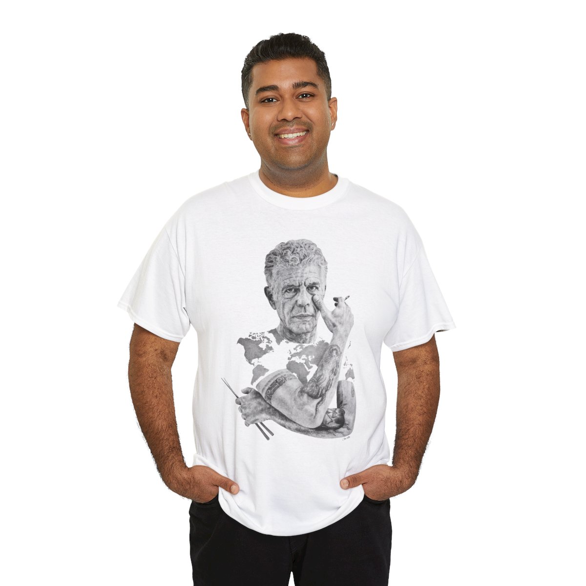 Unisex Tee - Anthony Bourdain - Pencil drawing by Christelle Bilodeau
