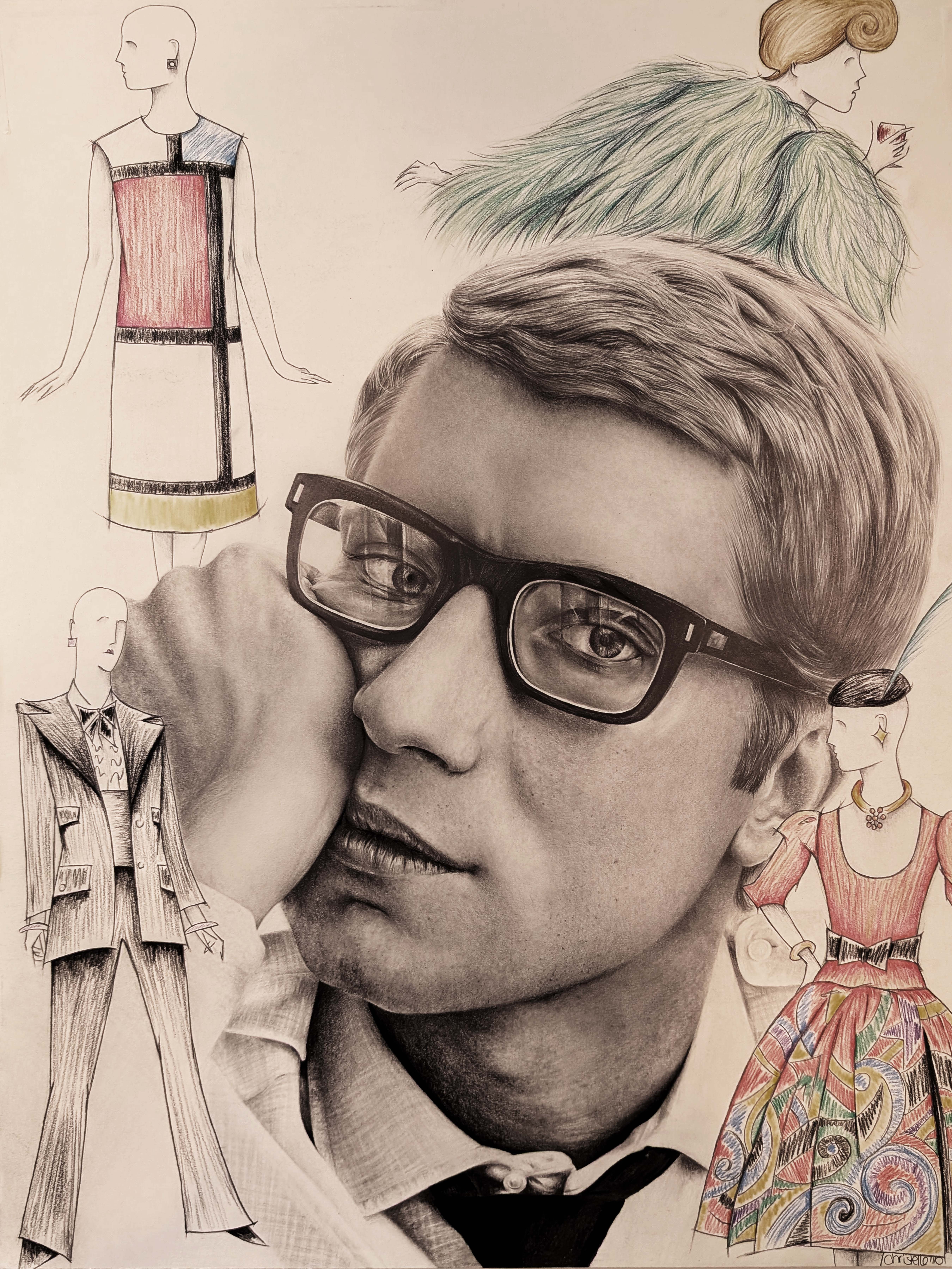 Original pencil drawing of Yves Saint Laurent