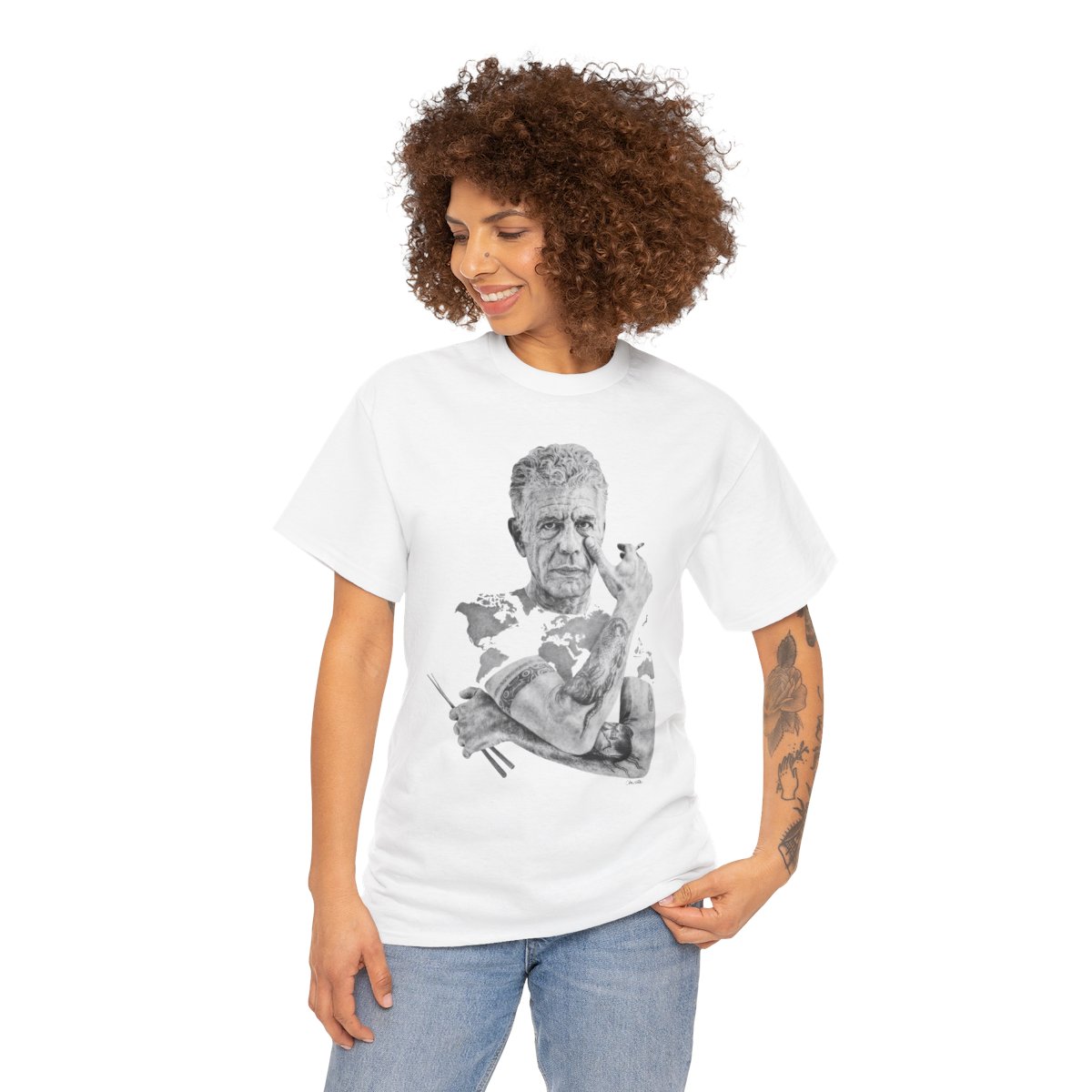 Unisex Tee - Anthony Bourdain - Pencil drawing by Christelle Bilodeau