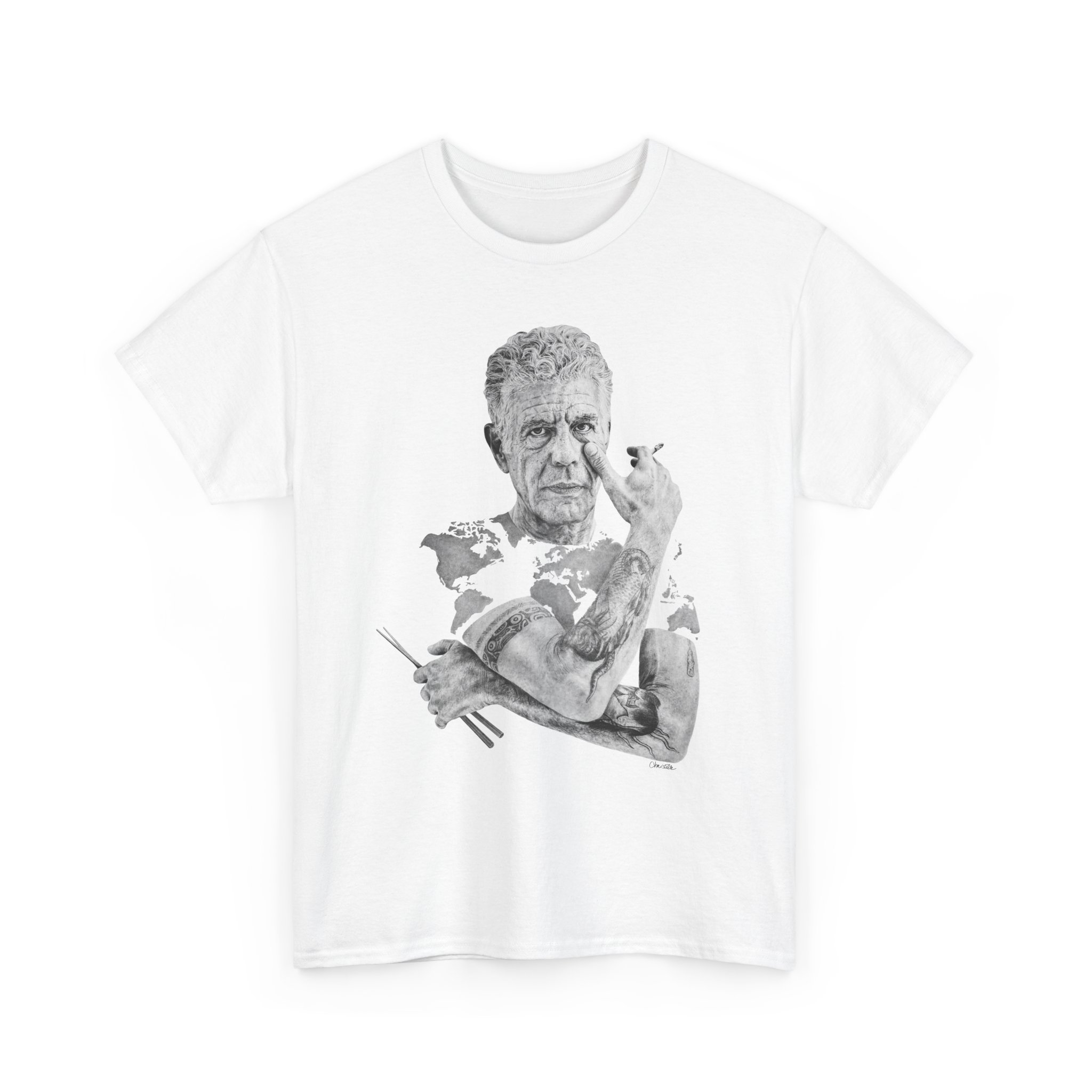 Unisex Tee - Anthony Bourdain - Pencil drawing by Christelle Bilodeau