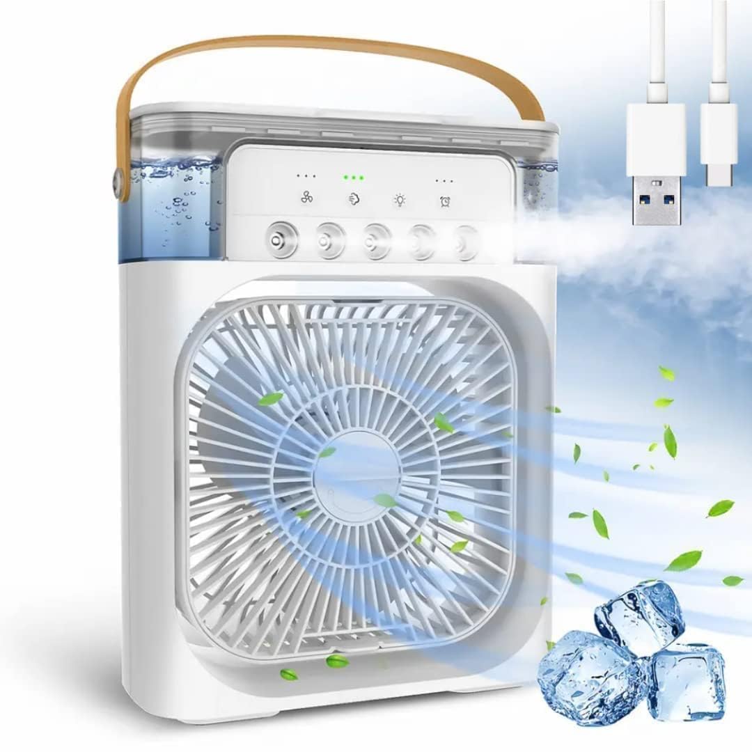 MatchlessGiftz® Portable Air Cooler with LED Lights & 3 Speeds – 600ML Tank, USB-Powered, 3H Timer | Personal Evaporative Cooling Fan for Desk, Home, Office (White, Compact 6.5x6.5x7 Inches)