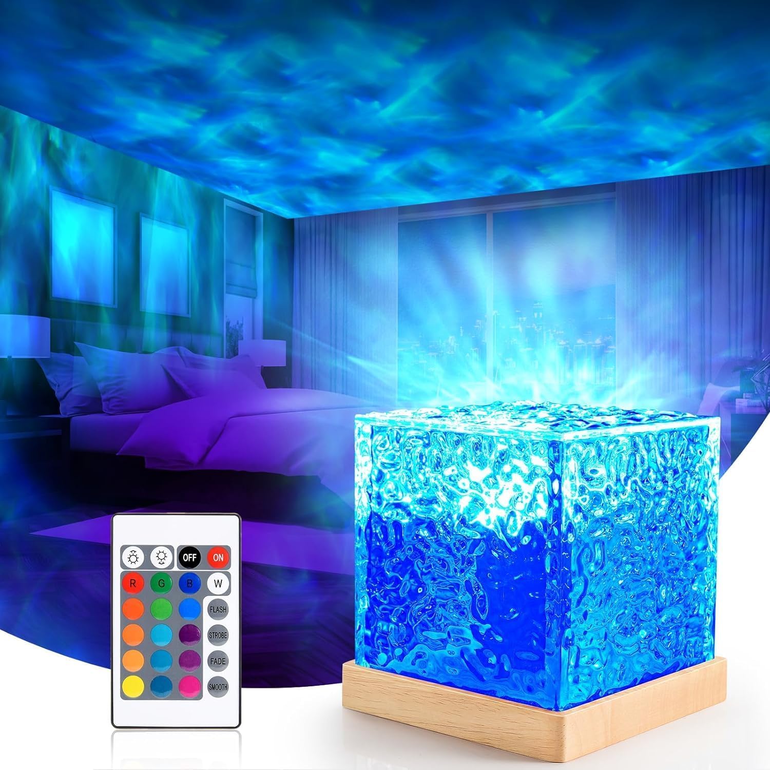 MatchlessGiftz® 3D Ocean Wave Projector Night Light Lamp - 16 Colors, Remote Control, USB Rechargeable, LED Projection for Bedroom & Home Decor - Ideal Gift for Kids & Adults
