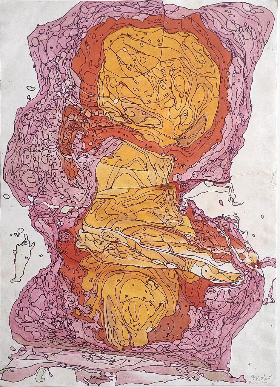 Abstrakte Zeichnung auf in Rot- und Orangetönen marmoriertem Papier 