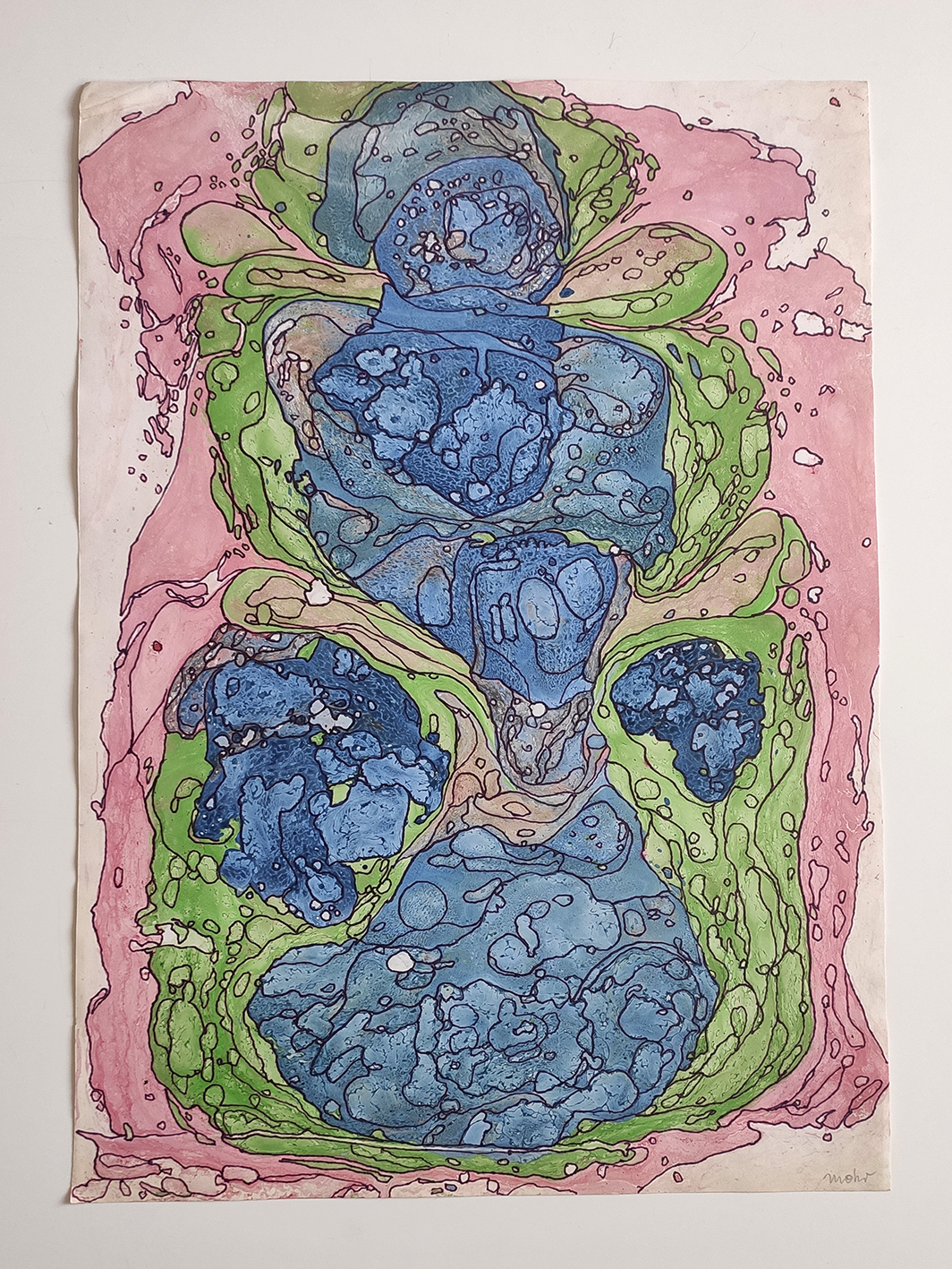 Original Zeichnung auf marmoriertem Papier