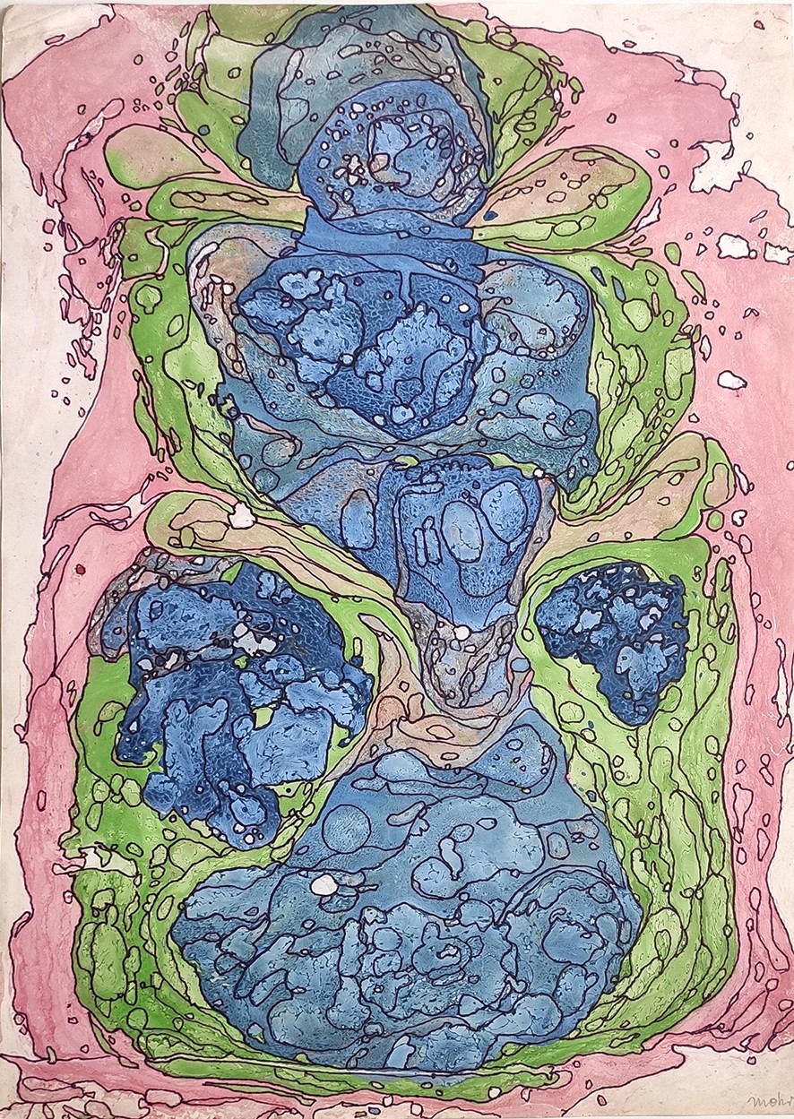 Original Zeichnung auf marmoriertem Papier