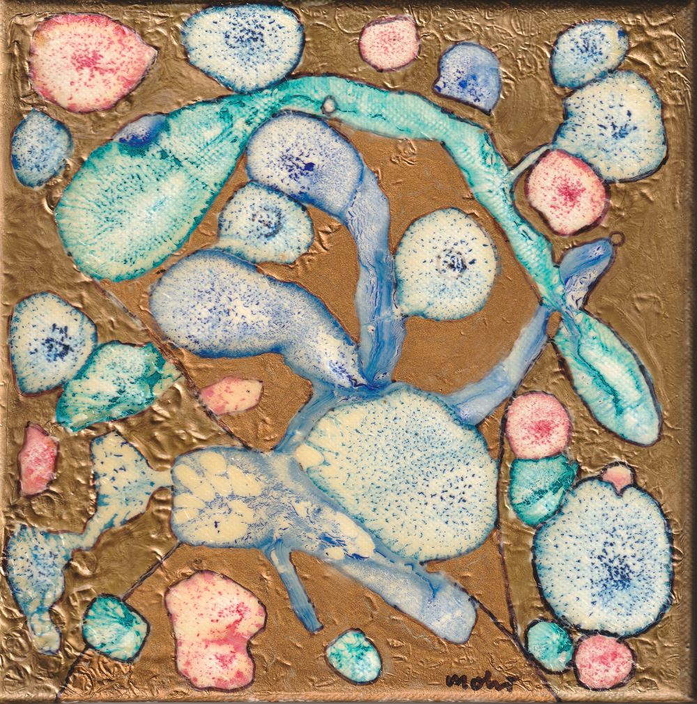 Kleines Ölgemälde in Gold-, Blau- und Rosatönen Titel "Er hat im Auge was die Zukunft bringt"