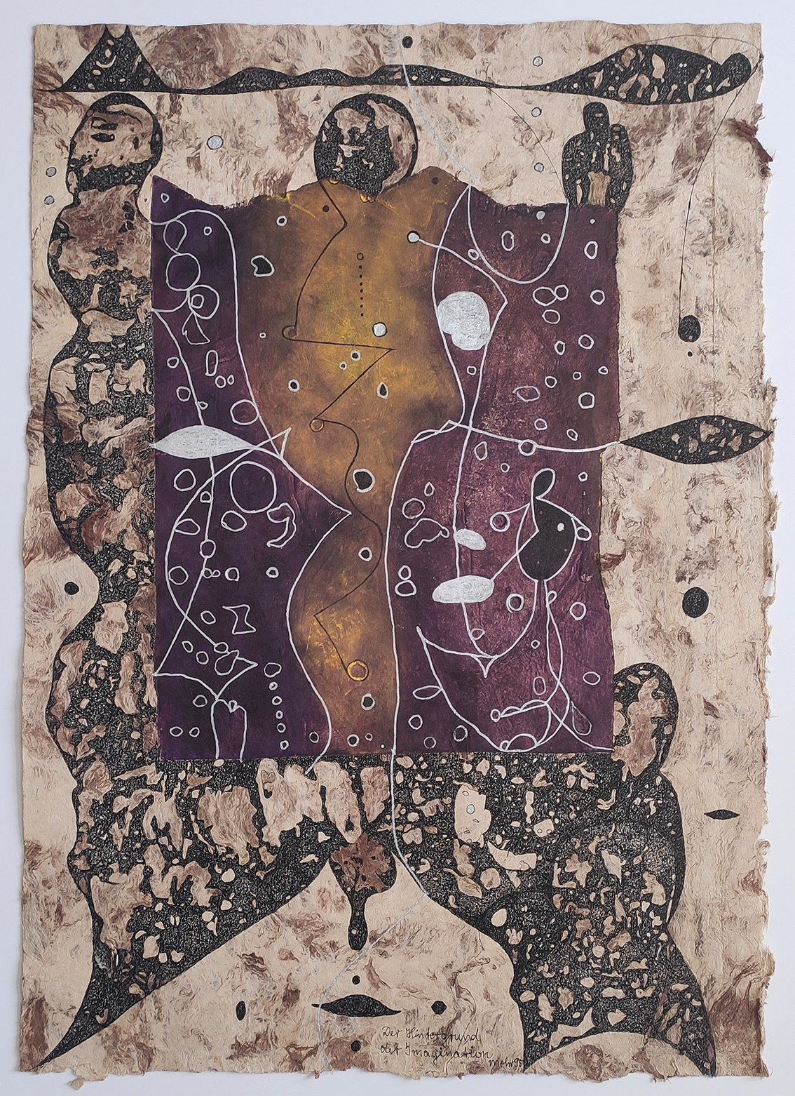 Titel "Der Hintergrund der Imagination" Mischtechnik auf Borkenpapier