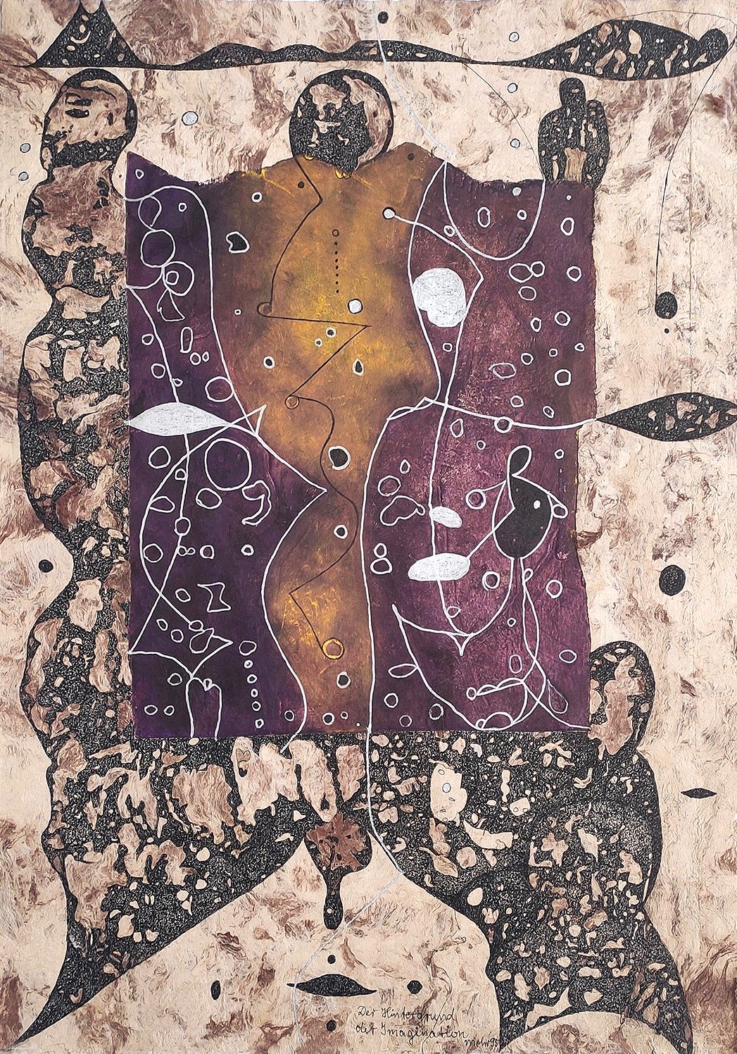 Titel "Der Hintergrund der Imagination" Mischtechnik auf Borkenpapier