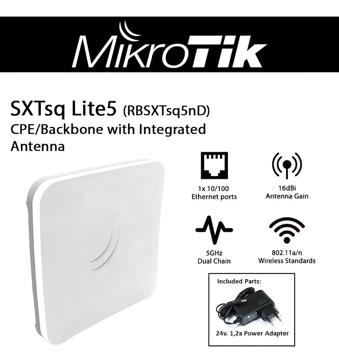 (SXTsq Lite5) CPE y PtP, MIMO en 5GHz 802.11 a/n con Antena Integrada de 16dBi con 23º, Hasta 316 mW de Potencia