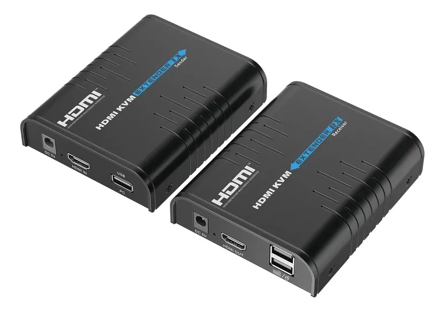 Kit extensor KVM (HDMI y USB) hasta 120 metros / Resolución 1080P @ 60 Hz / Soporta STP y UTP CAT6 / Soporta Switch Gigabit para control KVM múltiple / Soporta hasta 253 receptores / Transmite el Video y Controla tu DVR vía USB