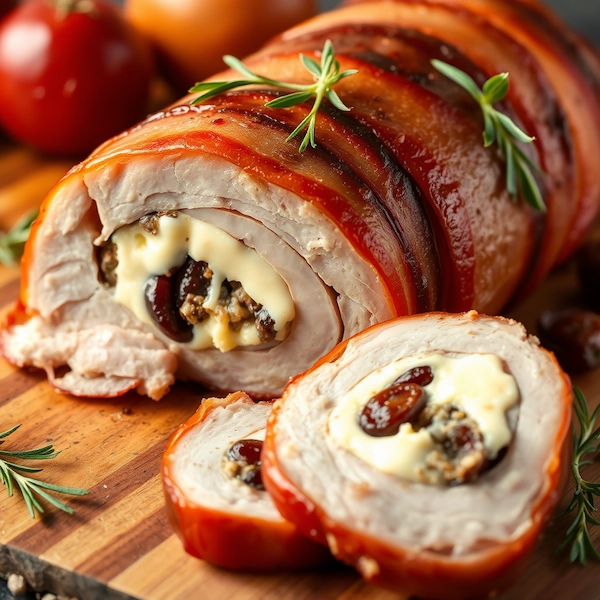 Lomo de Cerdo envuelto en Bacon relleno de queso crema y ciruela pasa