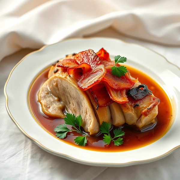 Plato de pechuga de Pavo en salsa de vino  con tocino