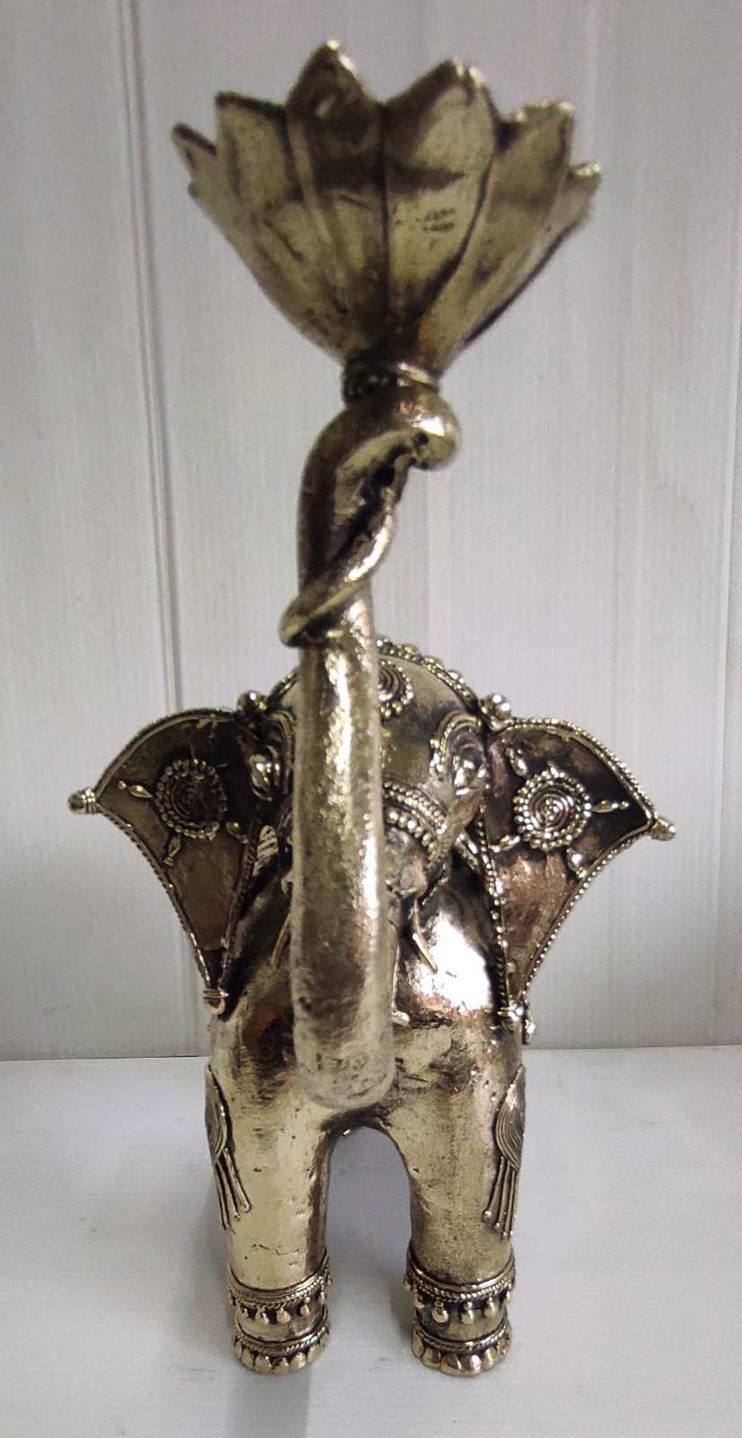 Brass Elephant Sculpture Holding a Lotus Flower