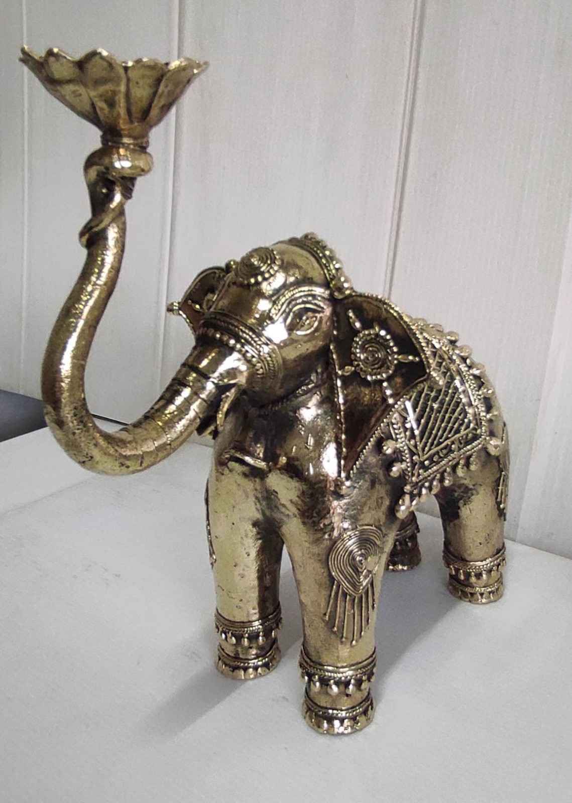 Brass Elephant Sculpture Holding a Lotus Flower