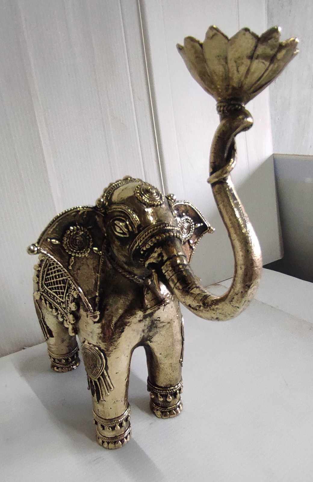 Brass Elephant Sculpture Holding a Lotus Flower