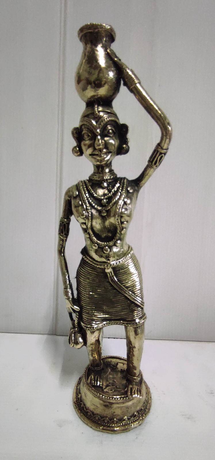 Handcrafted Brass Tribal Woman Carrying Pot on Head 
