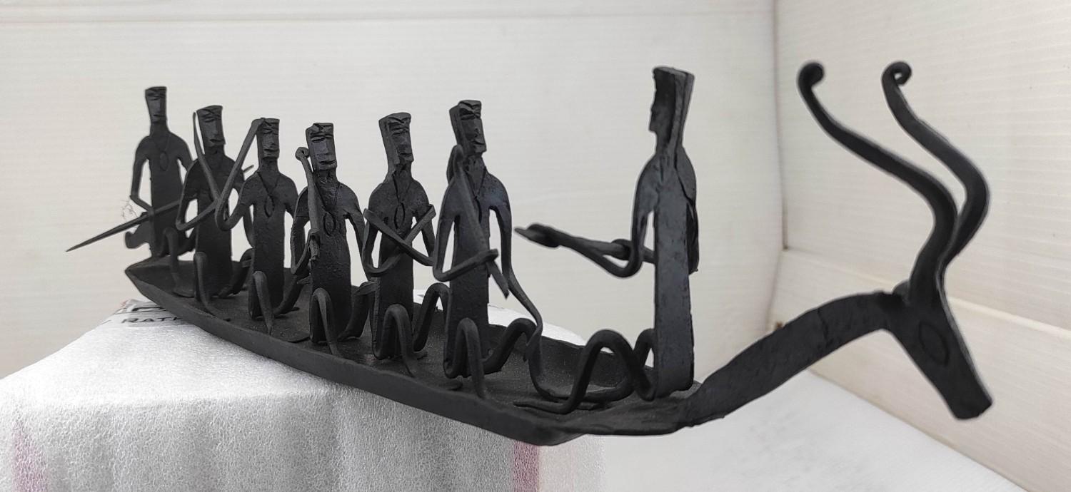 Handcrafted Iron Boat with Deer Head & 7 Seated Figures