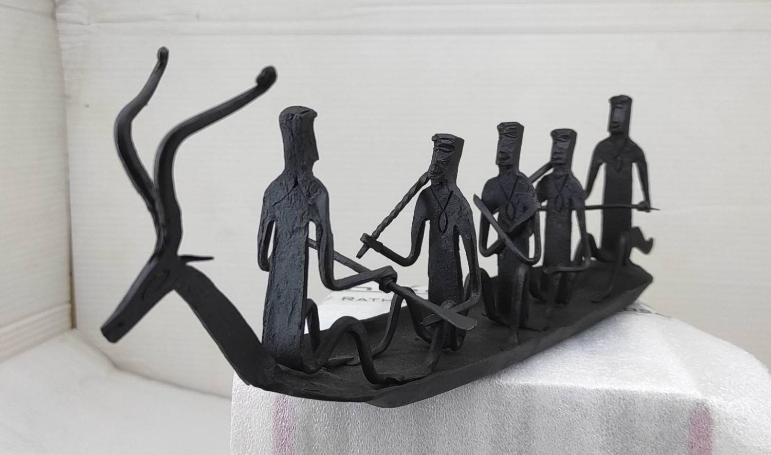 Handcrafted Tribal Iron Boat with Deer Head & Seated five Figures