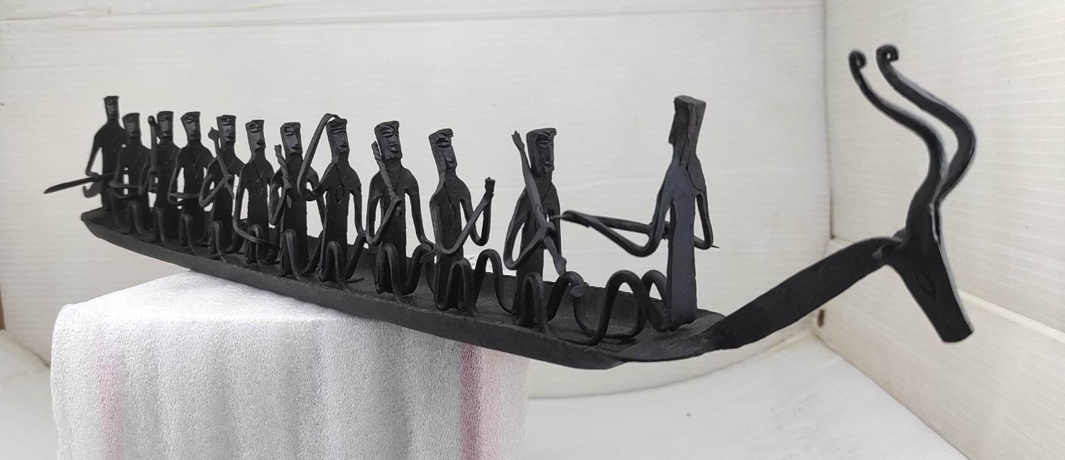 Handcrafted Iron Boat with Deer Head & 12 Seated Figures