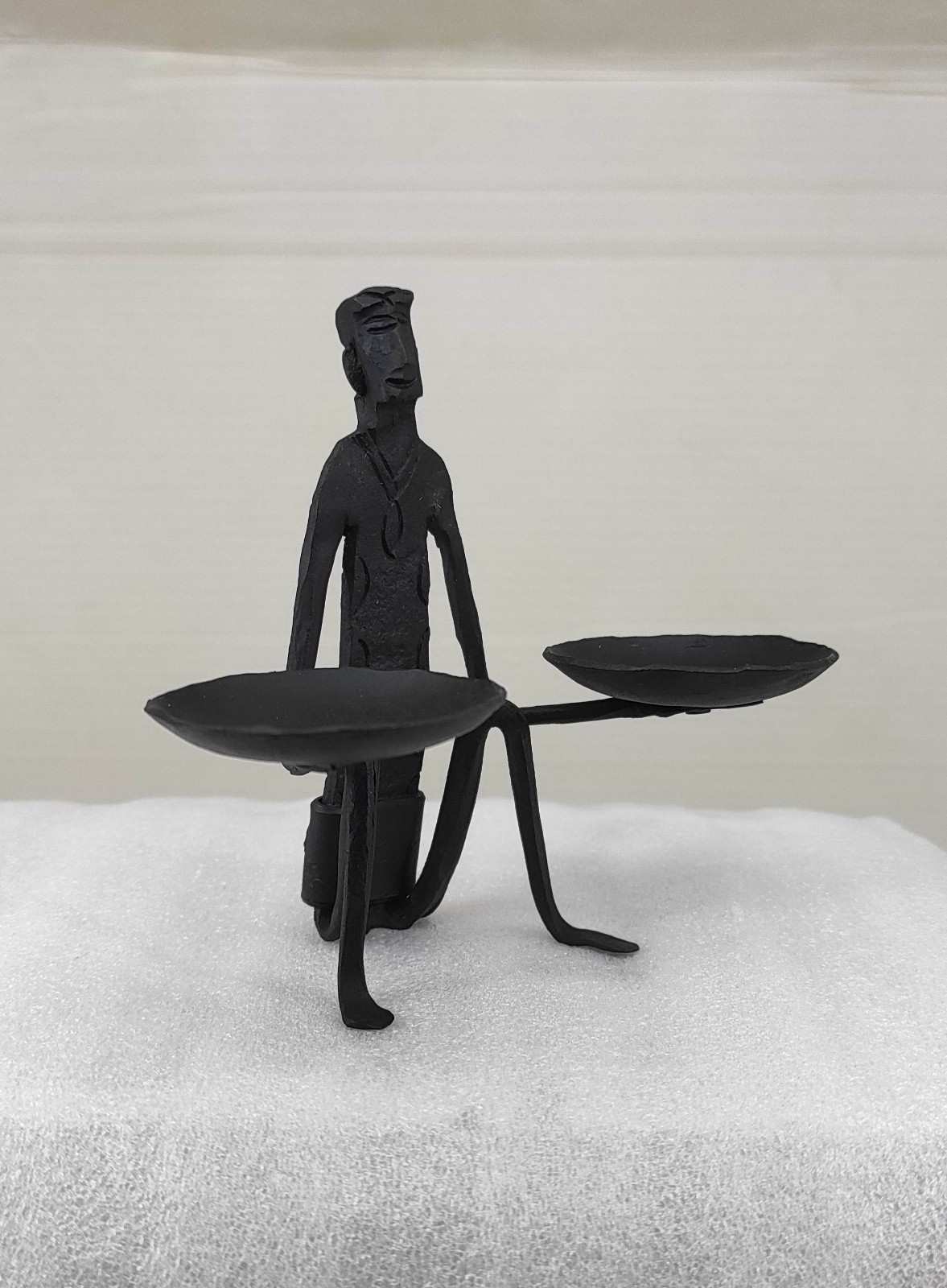  Iron Seated Man Holding Oil Lamps - Handcrafted Tribal Sculpture