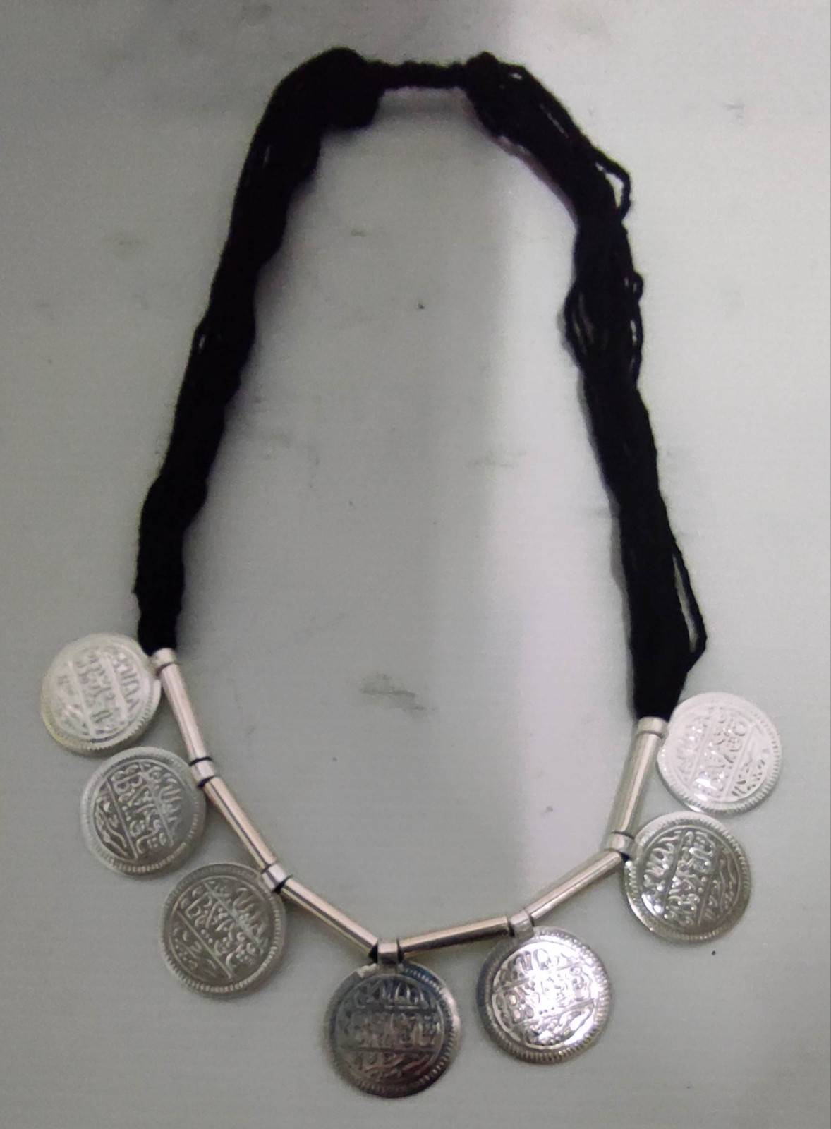 Boho Coin Pendant Necklace – Black Silk Thread Tribal Statement Jewelry