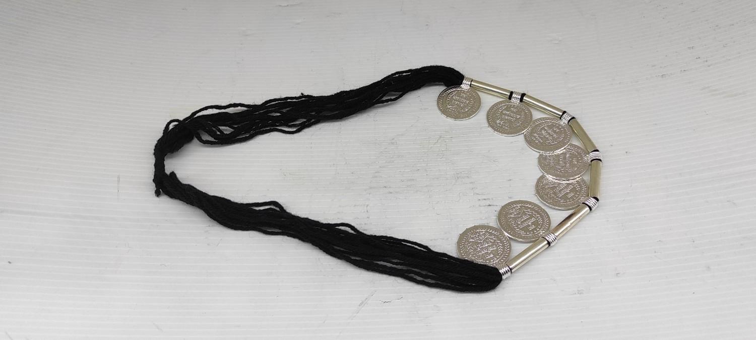 Boho Coin Pendant Necklace – Black Silk Thread Tribal Statement Jewelry