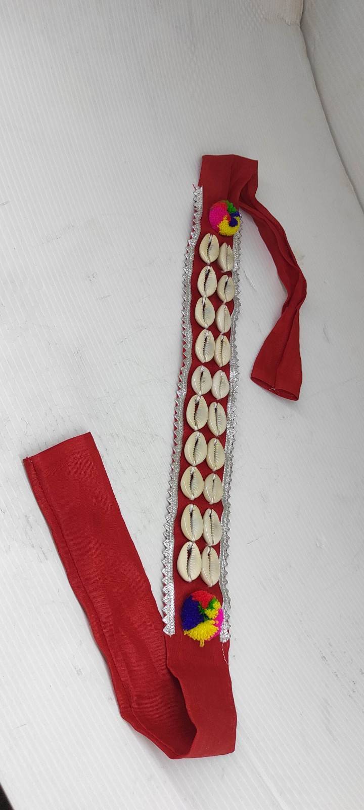 Handcrafted Shell Headband – Red & Blue Tribal Fabric for Forehead Styling
