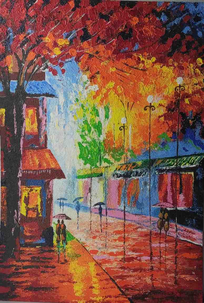 Handmade Rainy Street Wall Painting – Vibrant Autumn Night Scene by Nitisha Rathore