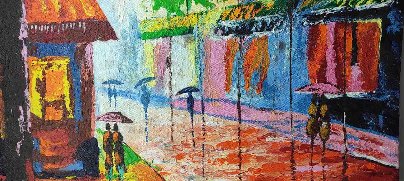 Handmade Rainy Street Wall Painting – Vibrant Autumn Night Scene by Nitisha Rathore