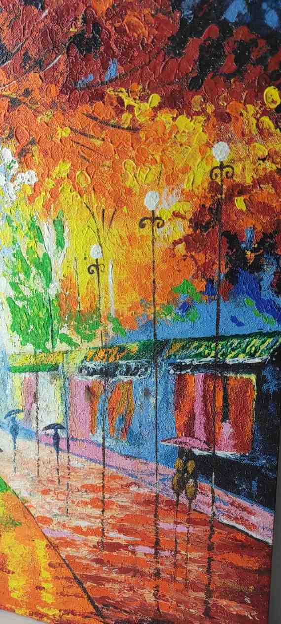 Handmade Rainy Street Wall Painting – Vibrant Autumn Night Scene by Nitisha Rathore