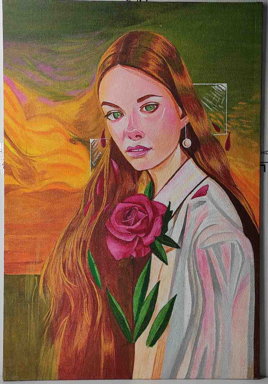 Handmade Portrait Painting – Green Eyes & Golden Hair with Red Rose