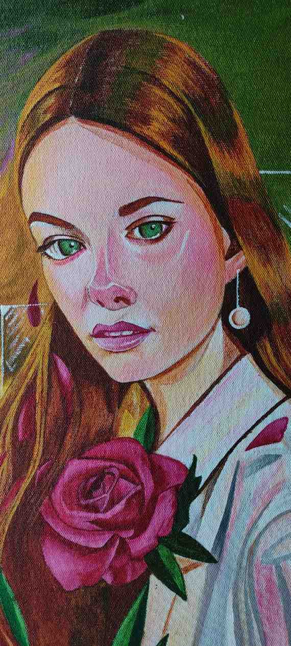 Handmade Portrait Painting – Green Eyes & Golden Hair with Red Rose