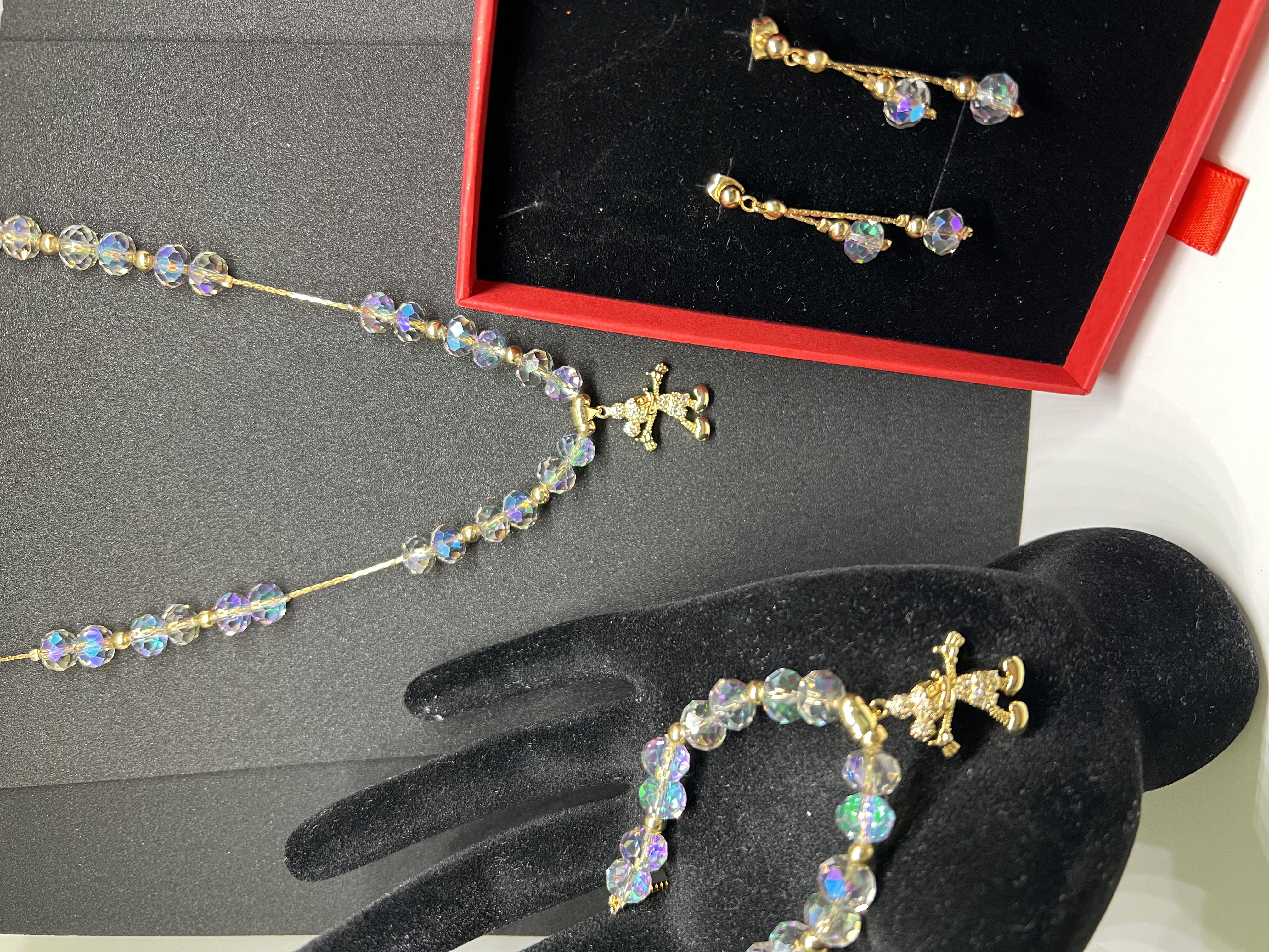 Green and Purple multicolor Crystal Beads with Mouse Pendant Full Set