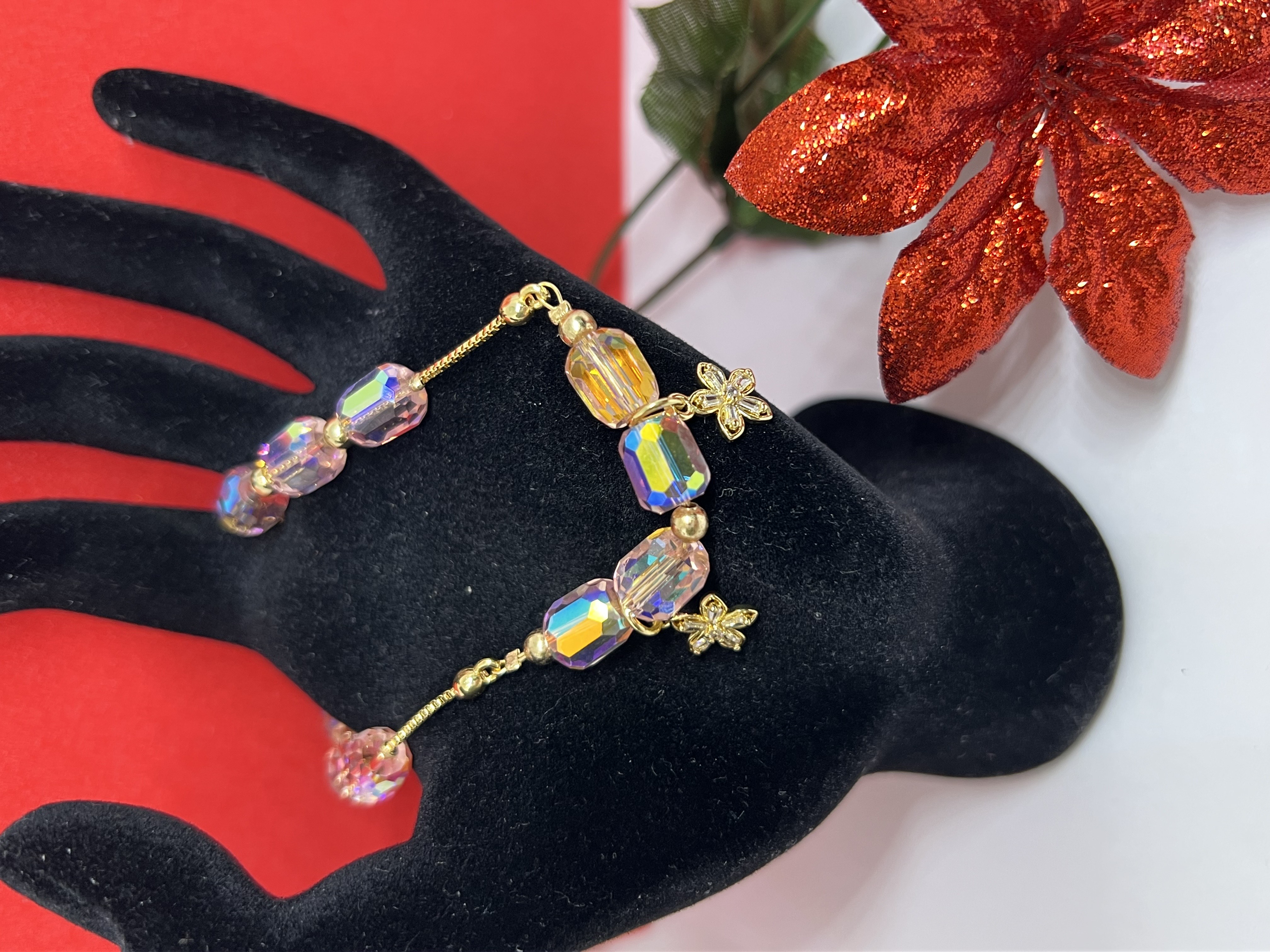 Baby Pink Aurora Crystal Beads with Flower Pendant Jewelry Set