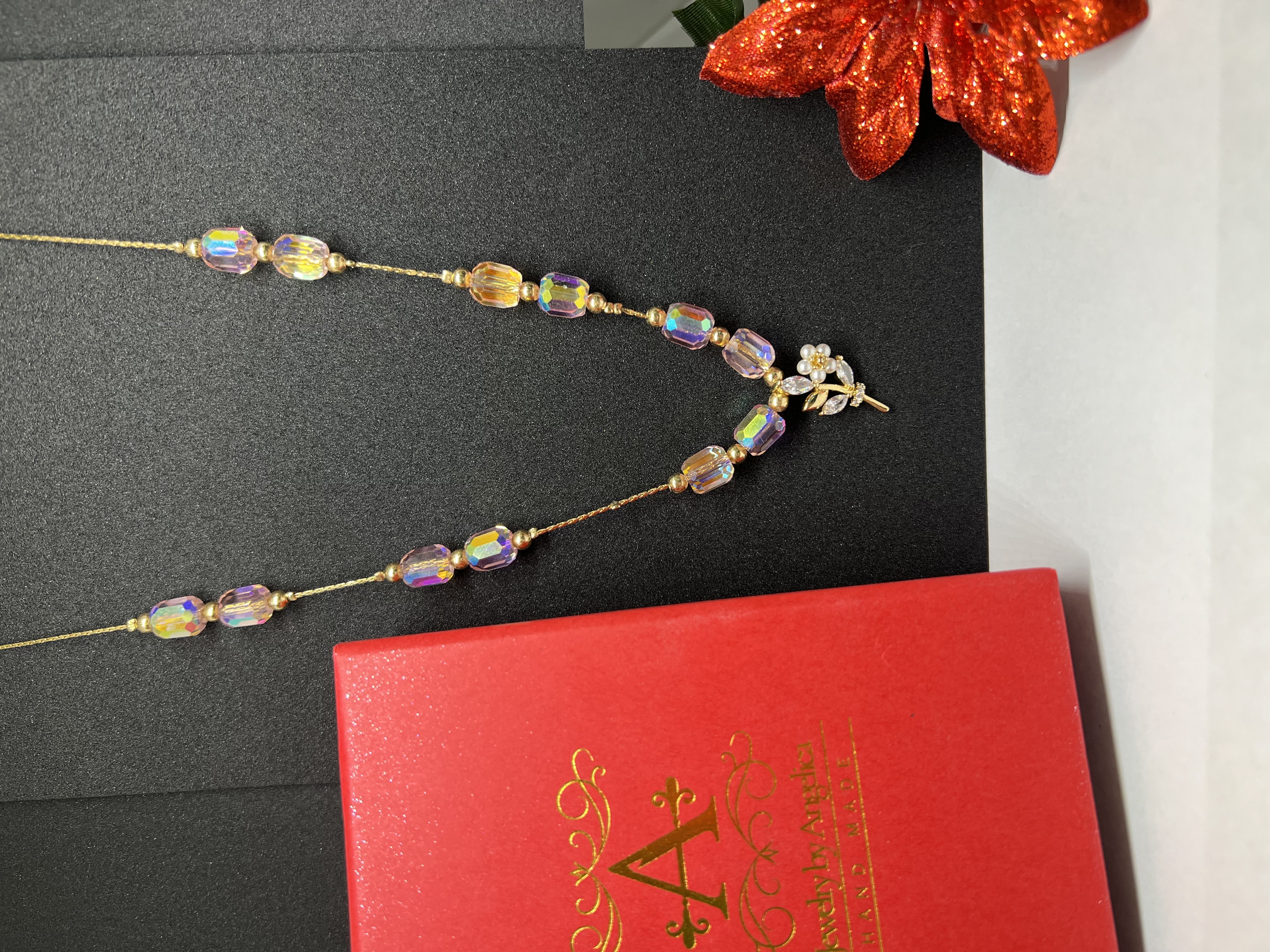 Baby Pink Aurora Crystal Beads with Flower Pendant Jewelry Set