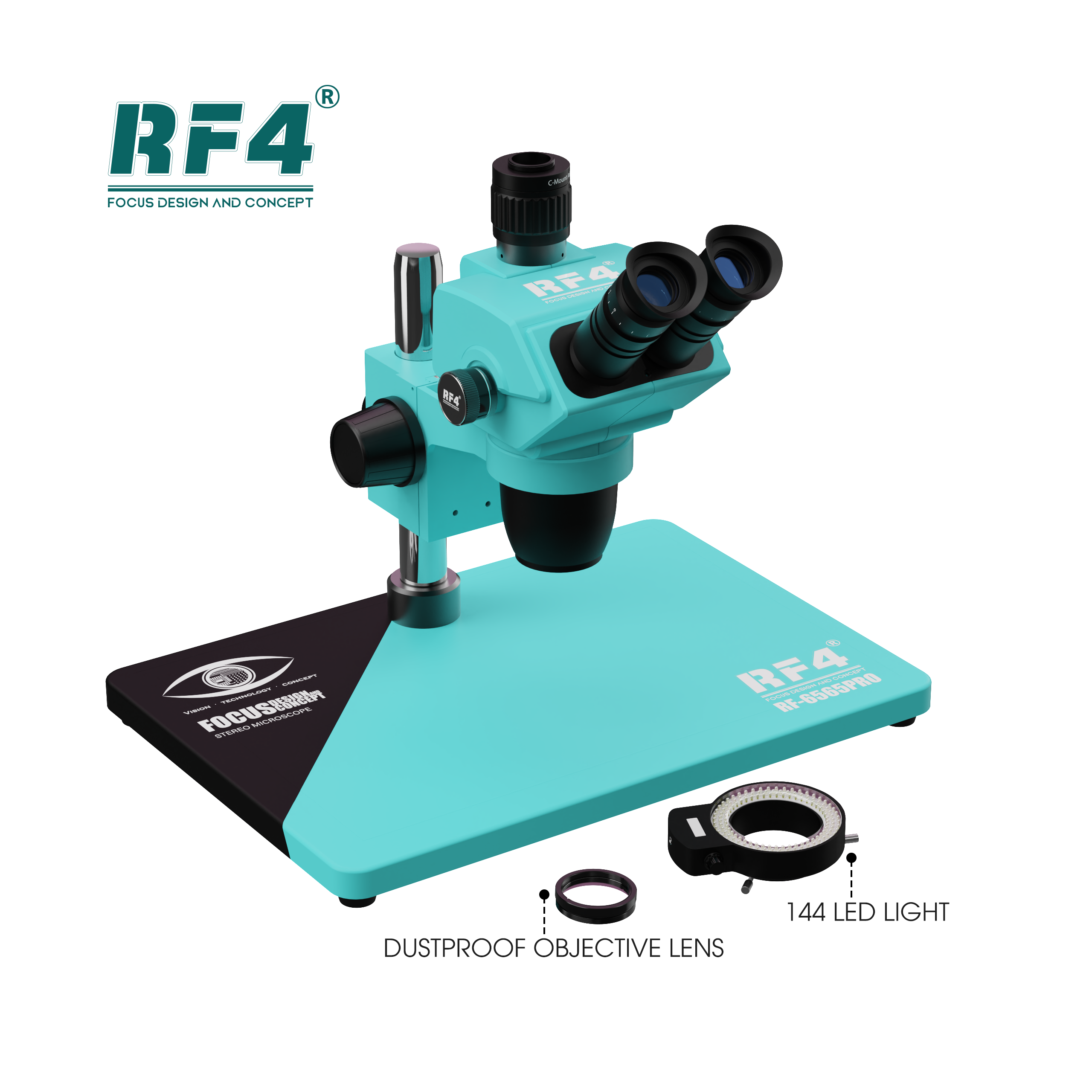 RF4 RF6565Pro 6.5-65X Synchronous Zoom Trinocular Stereo Microscope with Aluminum Alloy Base