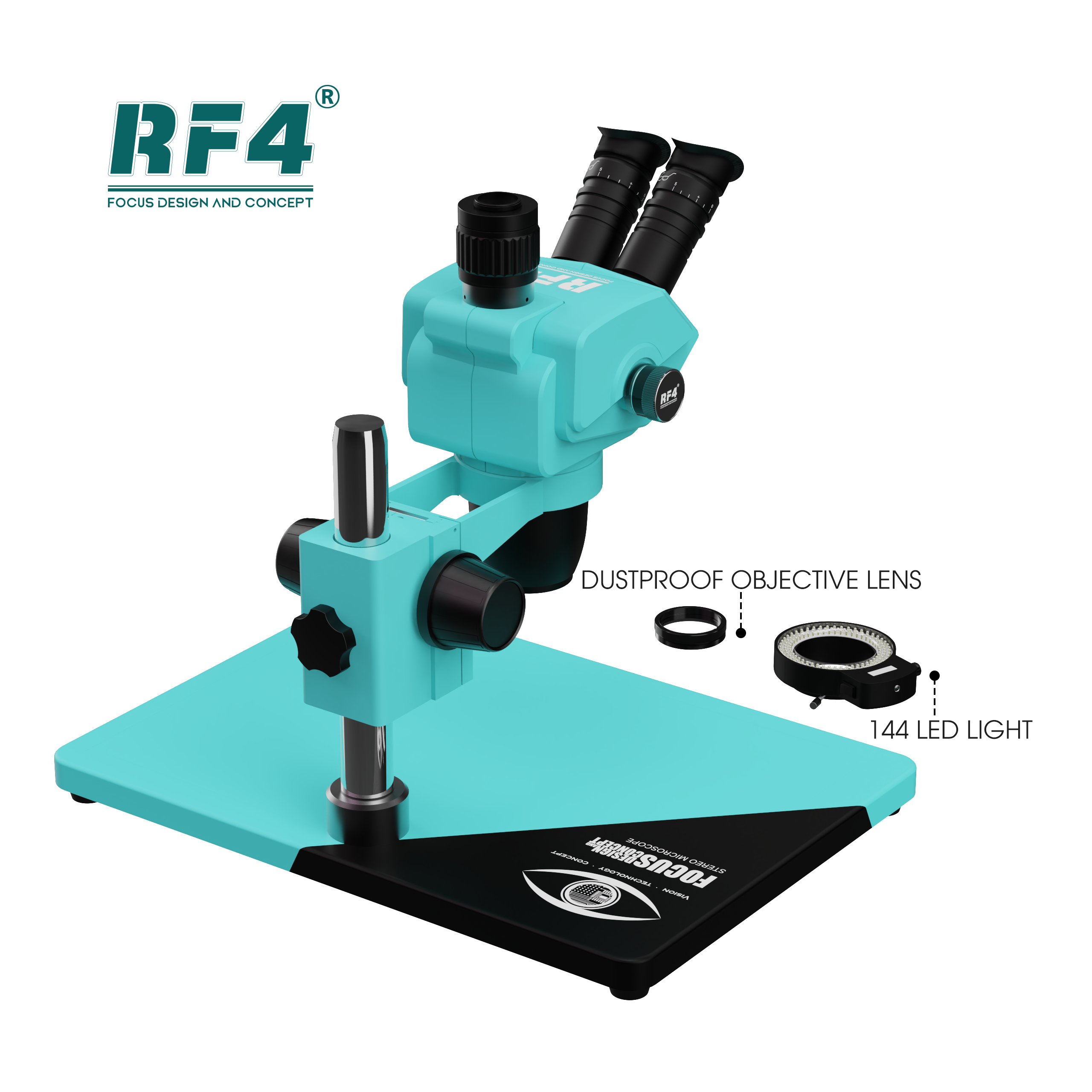 RF4 RF6565Pro 6.5-65X Synchronous Zoom Trinocular Stereo Microscope with Aluminum Alloy Base
